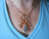 Sterling Silver Bare Copper Aqua Aura point Blue Quartz Citrine Wire Wrapped Paisley Necklace