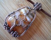 Tree of Life Pendant Orange and Brown Dragon Vein Agate Handcrafted in Oxidized Copper Wire