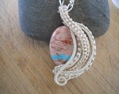 Mexican Turquoise Southwest Jasper Pendant Ribbon Rock Wire Wrapped in Silver Parawire