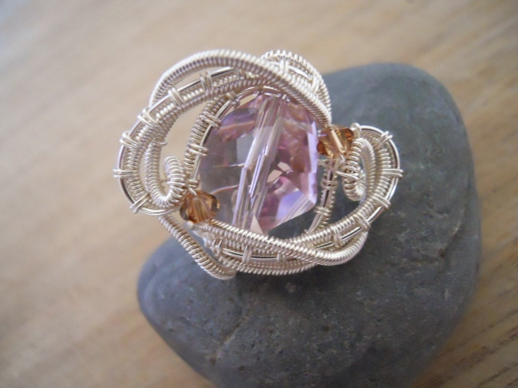 Light Amethyst Faceted Swarovksi Nugget and Topaz bead Ring Wire Wrapped in Silver Parawire Size 6 1/2