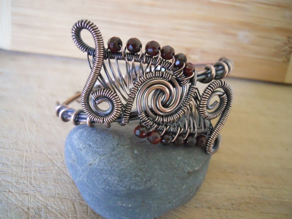 Oxidized Copper Bangle Wire Wrapped Bangle Bracelet with Faceted Red Poppy Jasper Beads