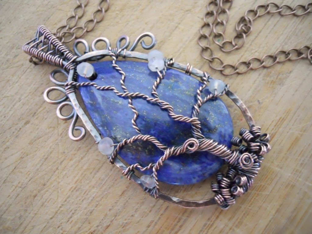 Tree of Life Pendant Wire Wrapped Blue Lapis Lazuli and Moonstone beads in Oxidized Copper Wire
