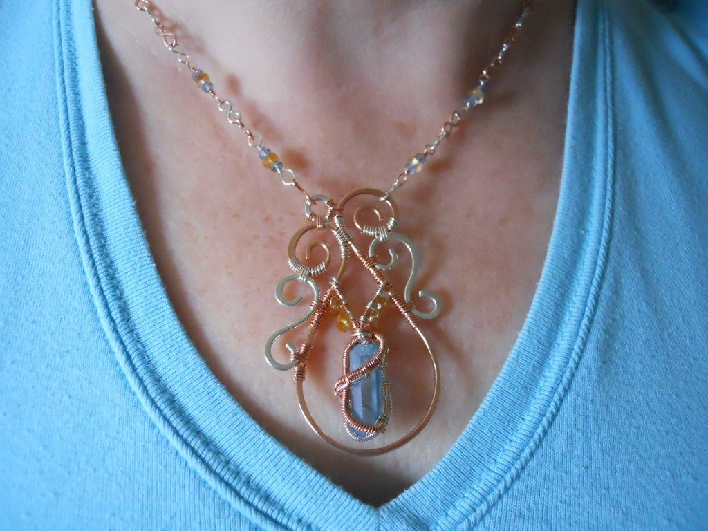 Sterling Silver Bare Copper Aqua Aura point Blue Quartz Citrine Wire Wrapped Paisley Necklace