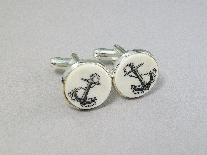 Scrimshaw Ivory Cuff Links with Anchor