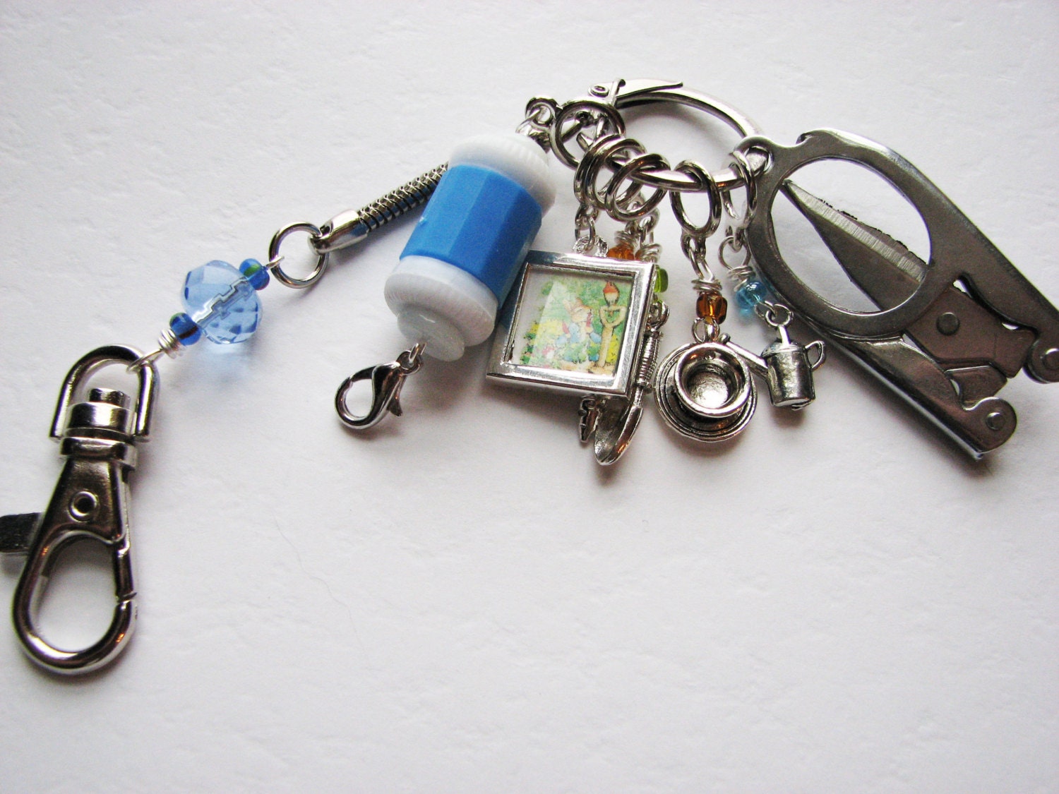 Knitter's Chatelaine: Peter Rabbit - Stitch Markers, Row Counter & Folding Scissors on a Decorative Clasp