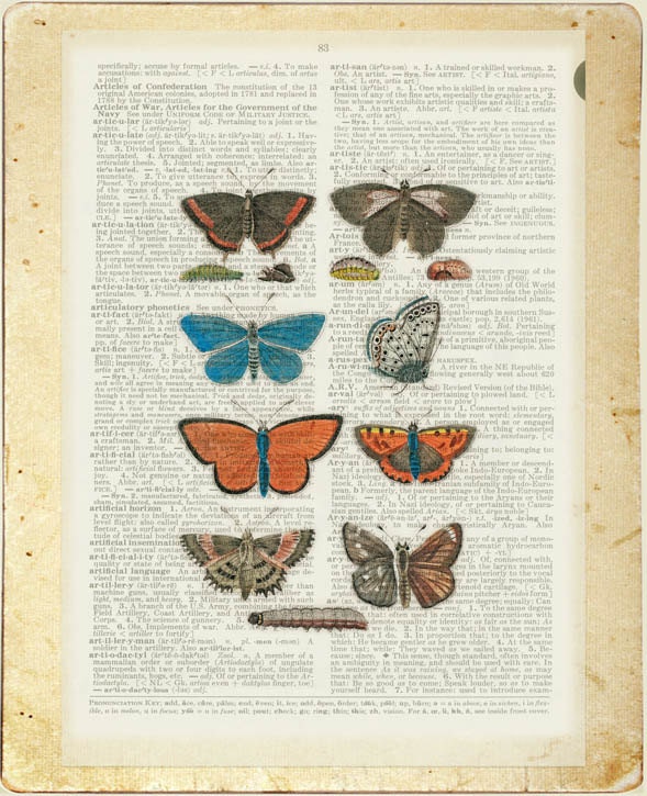 vintage butterflies I - printed on  old dictionary page