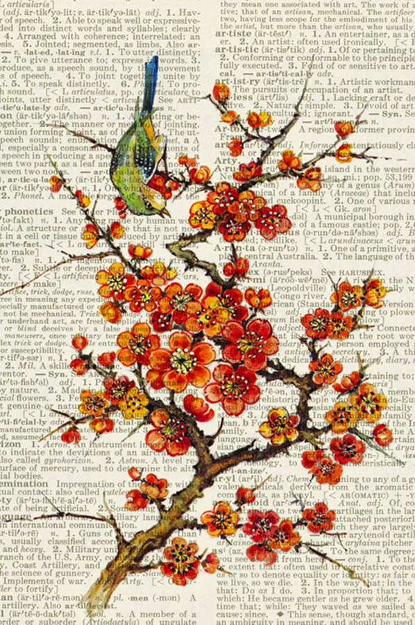 blossoms - 16oo's artwork reproduction printed on page from vintage dictionary