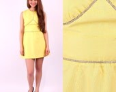 70s Rhinestone Dress / Yellow Summer Dress / sz XS to S