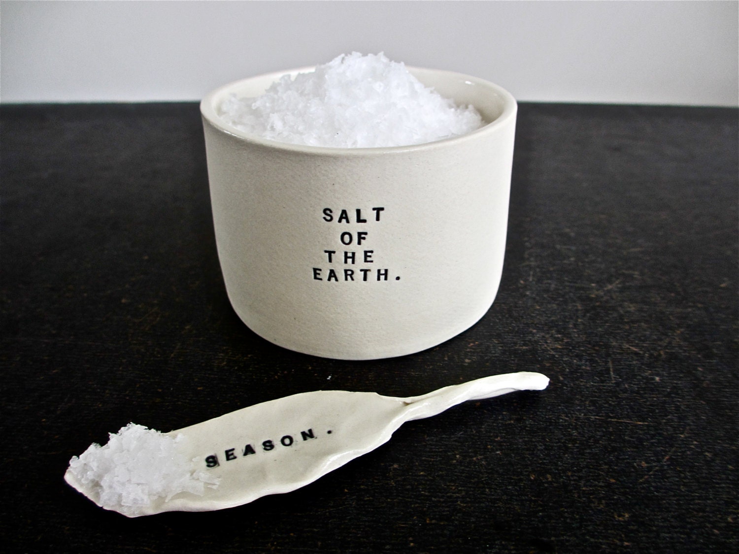 SALT of the earth salt cellar with leaf spoon.