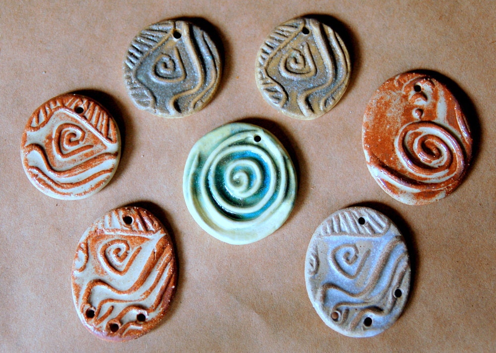 7 Handmade Ceramic Beads - Sweet Selection of Spirals - Pendant beads and 1 to 3 links