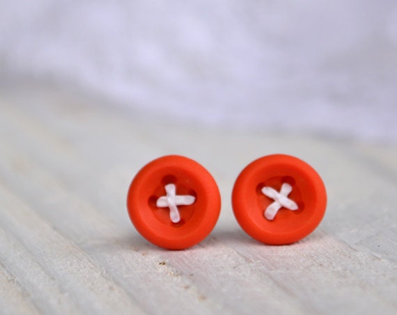 Tiny Earrings - Button Earrings - Post Earrings - Coral Orange - Summer - Studs - Women or Childrens Jewelry - everyday earrings