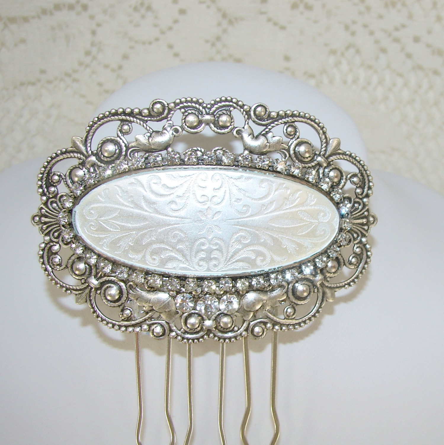 Bridal Hair Accessories White Guilloche Enamel Wedding Hair Comb Rhinestone Hairpiece Victorian