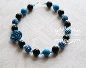 Midnight Kiss - Blue and Black with Rose and Rhinestones Chunky Necklace