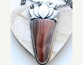 ON SALE Lotus Necklace in Silver and Agate, Unique, Gemstone, Statement, One of a Kind, Art Jewelry, Handmade, Modern,