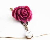 Deep Pink Rose Necklace -  - Clear Vintage Crystal Jewel - Wedding Jewelry