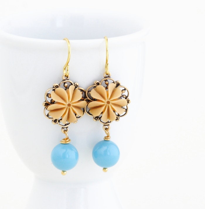 Flower Earrings, Caramel and Sky Blue Dangle Earrings, Drop Earrings