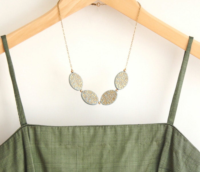 Beaded Necklace, Vintage Style, Pale Pink and Mint Green, Gold Etched - Choose Your Color