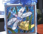 Dragonfly With Flower Lighted Glass Block mosaic, garden decoration, night light, stained glass flower