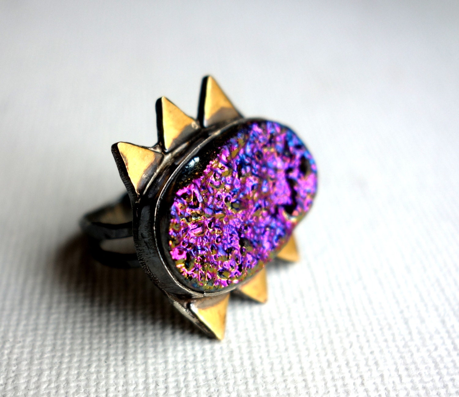 Purple Rainbow Cocktail Drusy Ring with Brass Triangles
