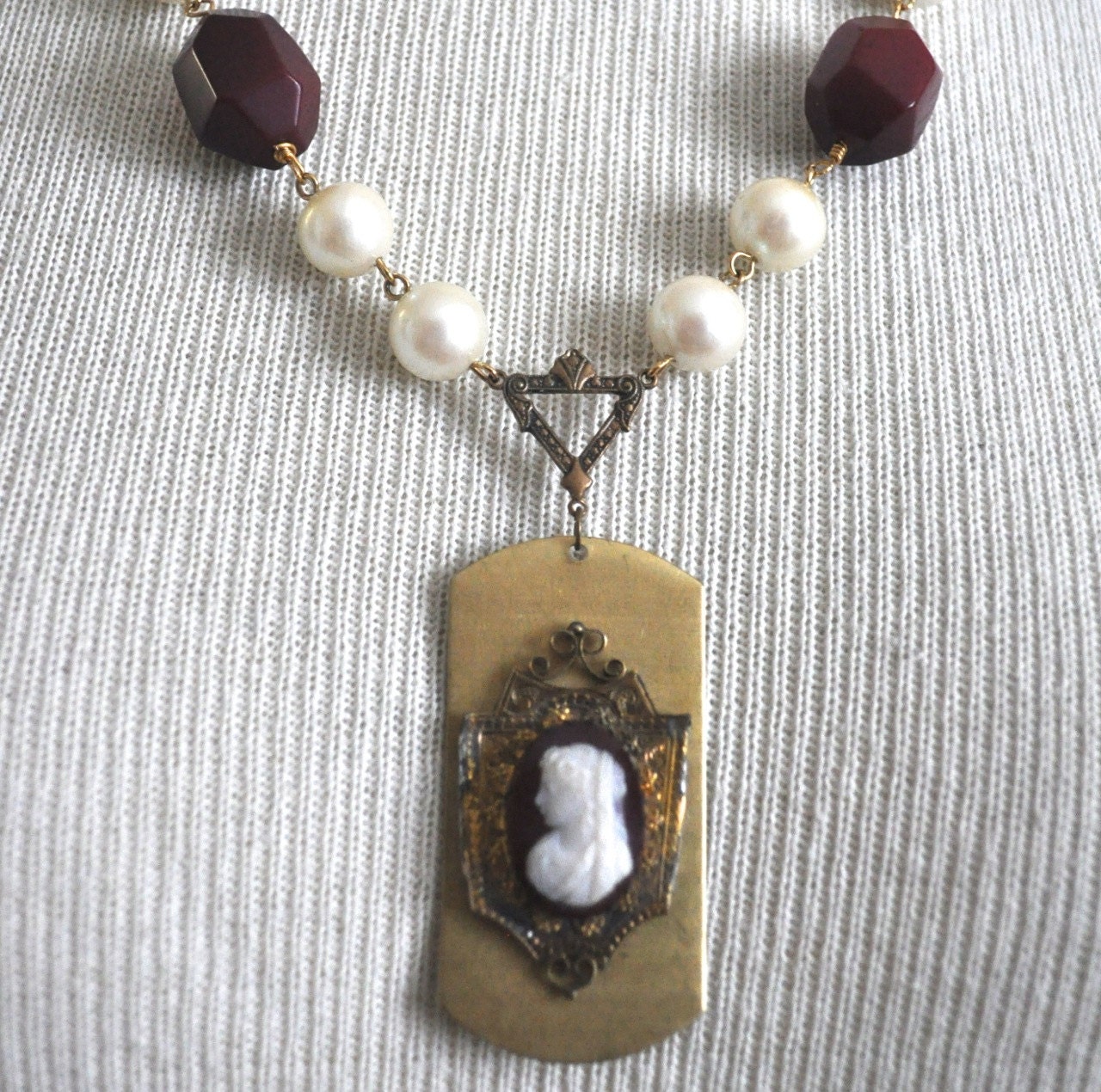 Repurposed vintage garnet and pearl cameo necklace