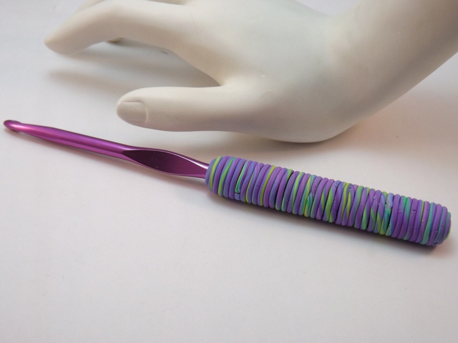 Colorful Lavender, Green and Blue Spirals Polymer Clay Covered Crochet Hook 5.0mm