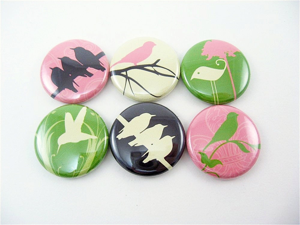 6 Bird Fridge Magnets / Silhouettes of Birds in Branches, green, pink, brown, vanilla / fits Magnabilities 1149