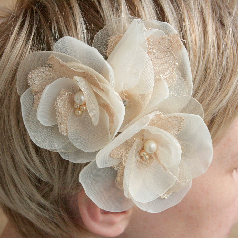 Wedding time--3 ivory/golden  flowers --for Bride, bridesmaid and flower girl---head piece, hair  pins