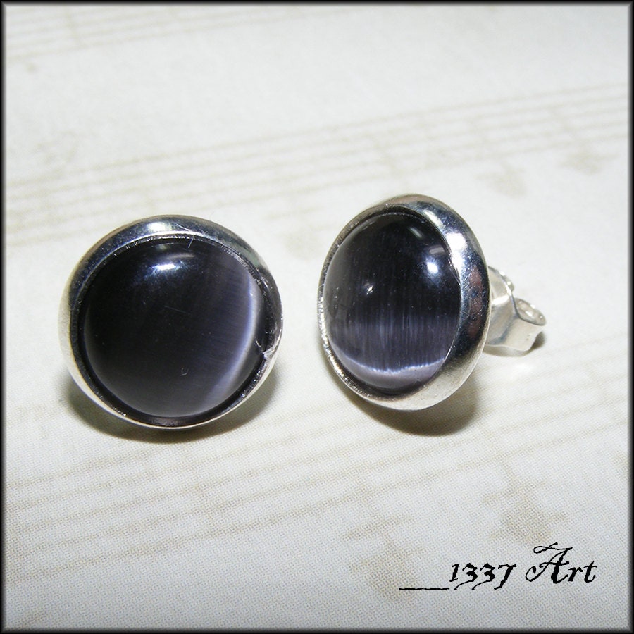 Black Cats Eye Glass Stud Post Earrings, Silver Studs, 12mm Earrings