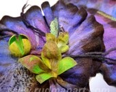 Felted scarf 3D ART made from wool and silk Purple Violet Brown Yellow Shibori Tulips