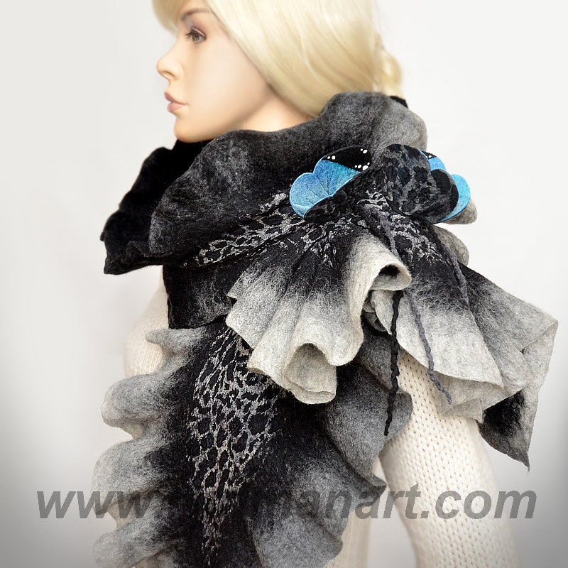 Felted 3D ART Scarf Silk wool wrap shawl scarf Blue Monarch Butterflies