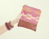 TRIBAL PRINT CLUTCH. Aztec Pouch. Salmons Pinks Pastels. Leather Pouch.
