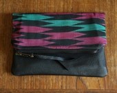 NEON AZTEC Pouch. Tribal Clutch. Black Leather Pouch. Chevron Clutch.
