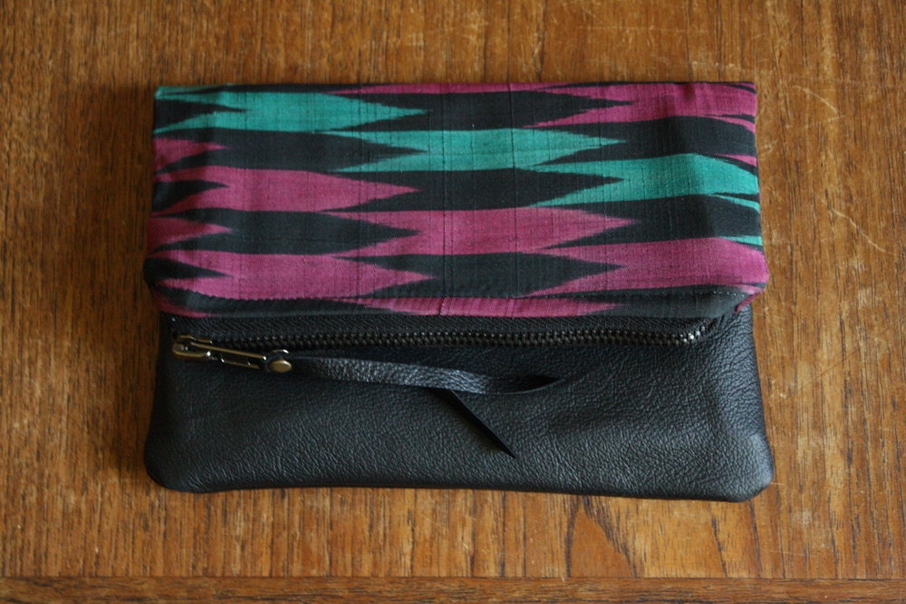 NEON AZTEC Pouch. Tribal Clutch. Black Leather Pouch. Chevron Clutch.