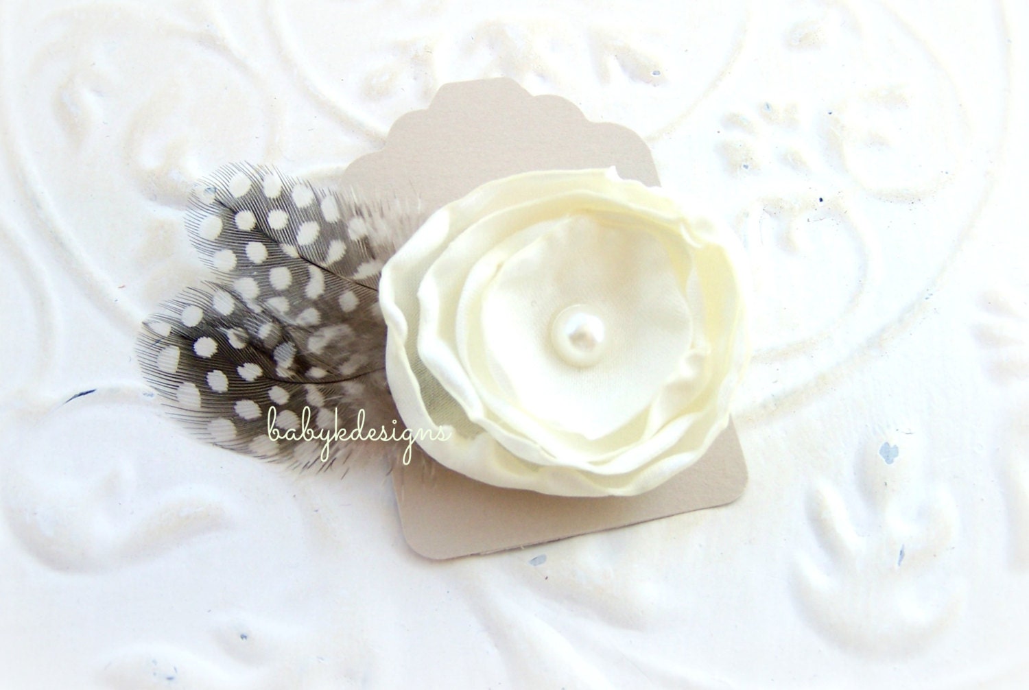 Newborn Clip / Baby Girls ANISTON  Hair Clip Satin Flower and Feather In Ivory / Off White Baby Shabby Chic Bow