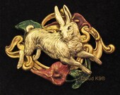 Mother's Day Gift. Bunny RABBIT BROOCH Pin. Jewelry for Lapin Lovers. Handpainted Art Nouveau Style Lily. Spring Fashion. Gardening Gardener