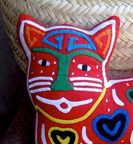Hand Stitched Happy Hearts Mola Cat - Stellar Kuna Indian Reverse Applique