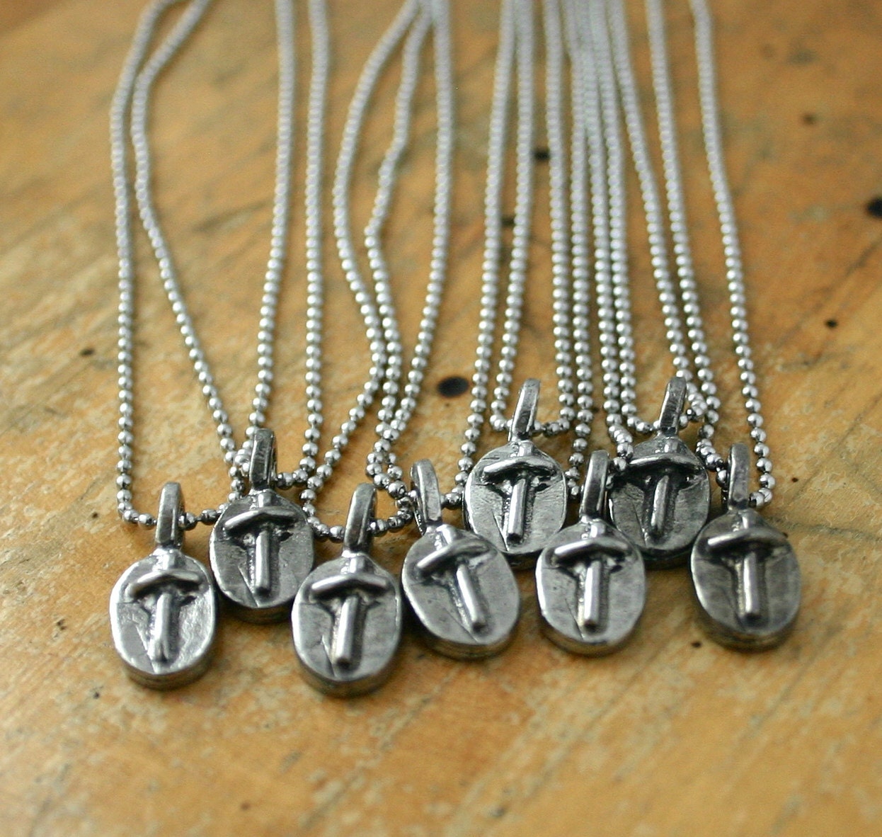 Pewter oval cross necklace on stainless steel ball chain