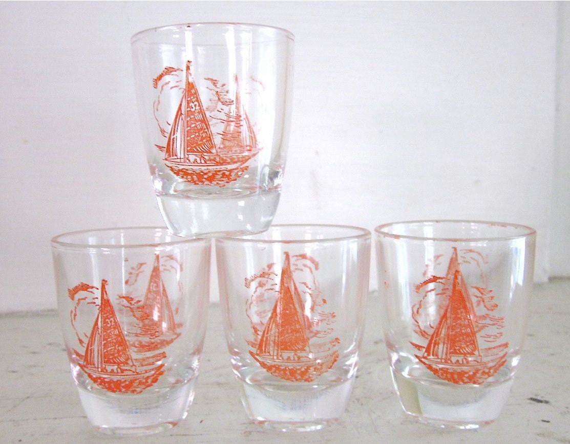 Vintage Nautical Shot Glasses - set of 4 - Sailboat