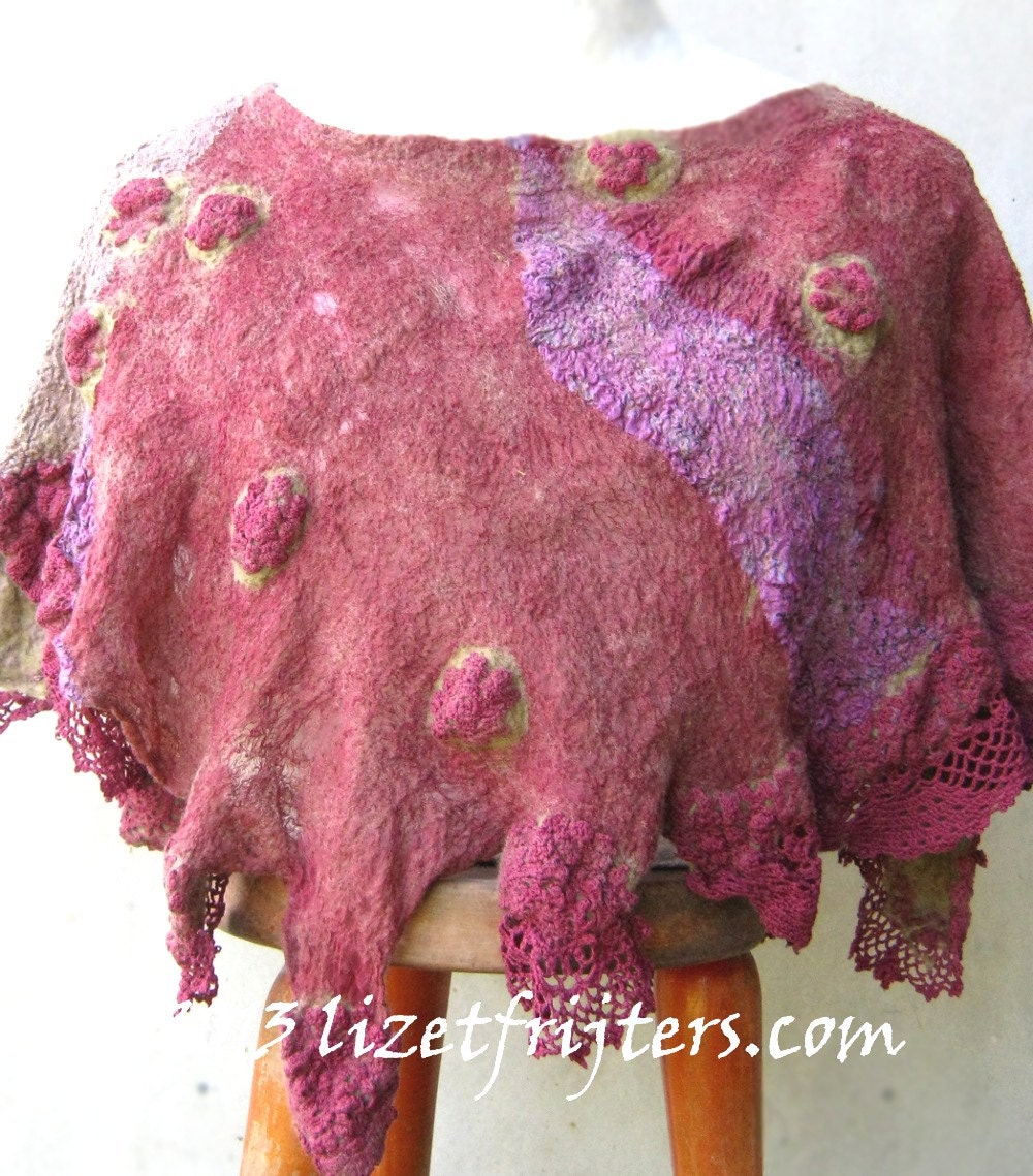 Maroon Short Nuno Felt Poncho with Lace Border