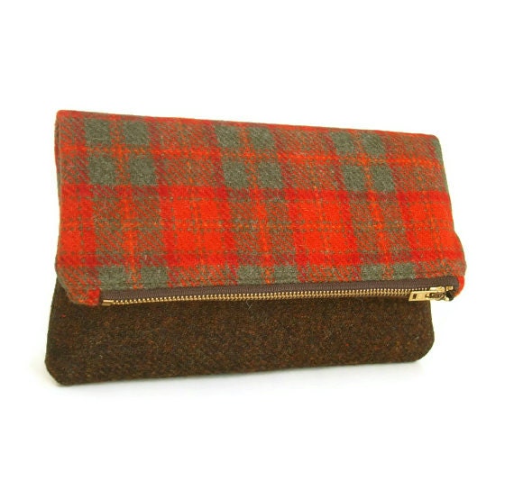Harris Tweed Fold Over Clutch - Two Tone Envelope Purse - Check - Plaid - Tartan