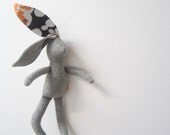 Small Bunny Rabbit hare doll soft fabric doll baby toddler grey wool vintage cotton unique OOAK upcycled eco-friendly bubynoa Best Friend