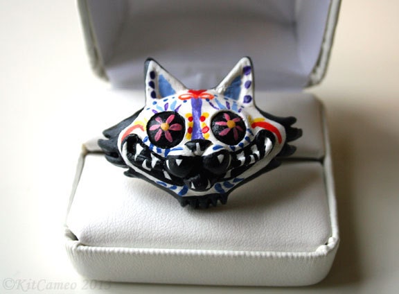Calavera Voyeur Cat Hand Painted Resin Adjustable Ring