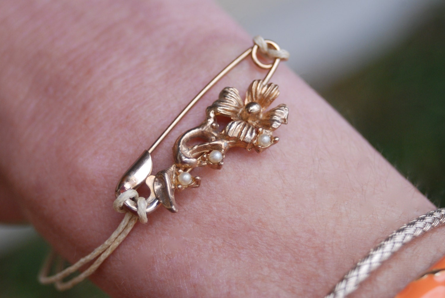 Always and Forever. vintage,floral,pearl,safety pin ,friendship, string bracelet. Tiedupmemories