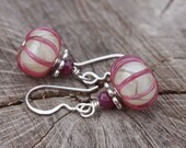 Pale Green Rubino Stripes and Genuine Ruby Earrings