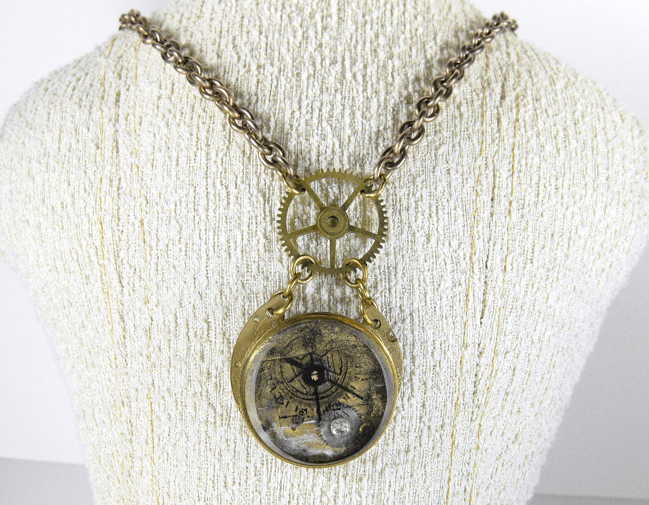 Steampunk Jewelry Necklace Vintage Optical Lens Brass BIG BOLD Gears Key Golden Men's Women's KNOCKOUT - Steampunk Jewelry by edmdesigns