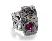 Steampunk Jewelry Ring Vintage Ruby Jeweled Watch Mens Ring Patterned Maroon Oxblood Swarovski AUXILIARY MAGAZINE - Steampunk by edmdesigns