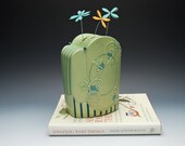 Medium vase / flower brick, Victorian modern embroidery floral Home decor in Spring green w. Blue stripes and dots
