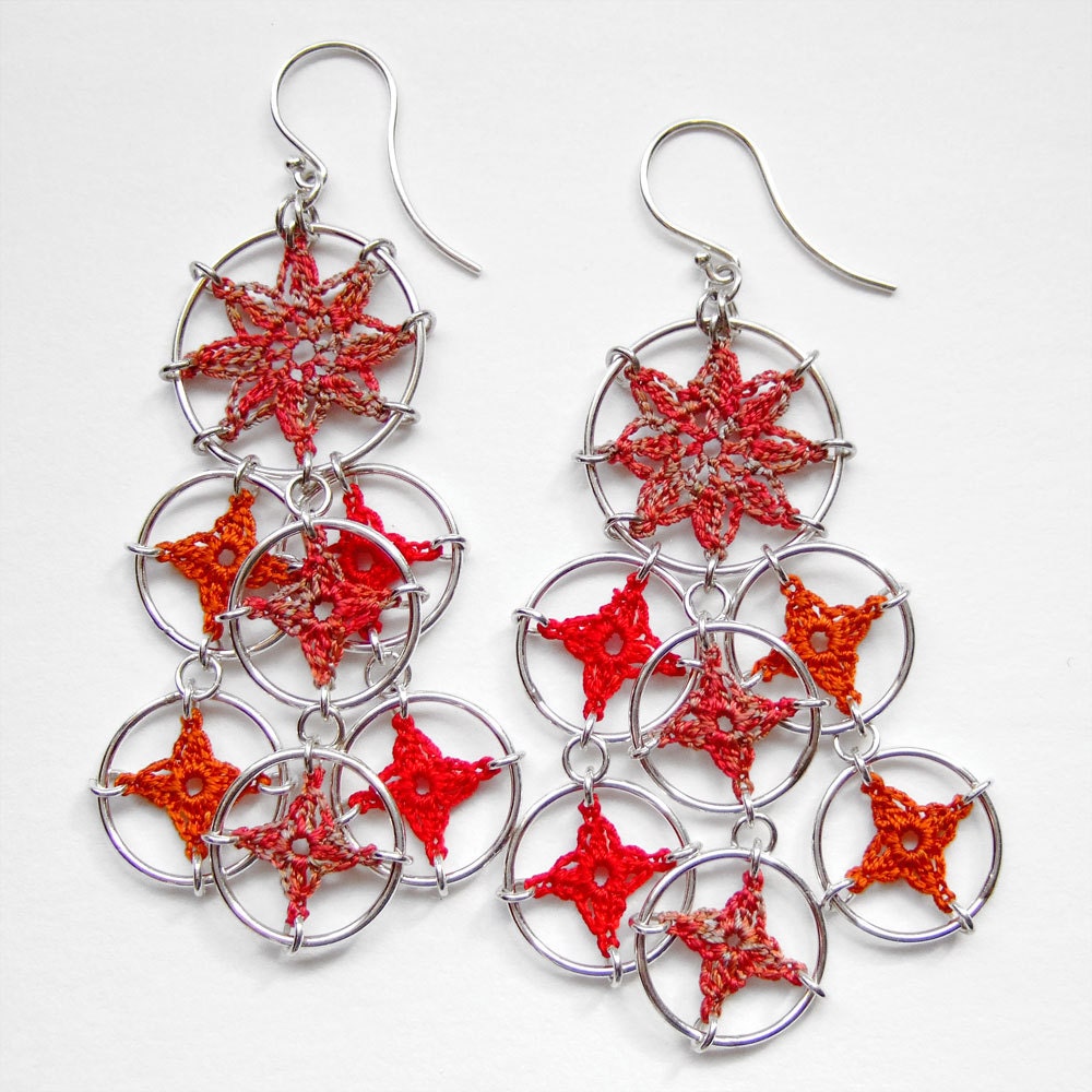 Cascade Doily Earrings, hand-dyed silk thread