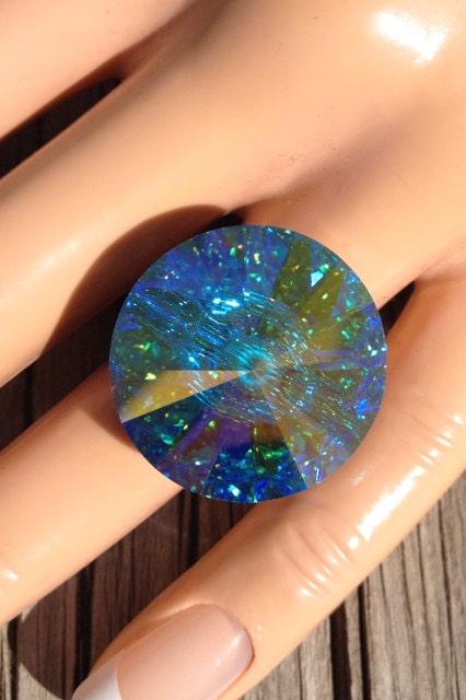 Crystal Cocktail Ring, Swarovski, Clear AB, Rainbow, Large, Sterling Silver, Wire Wrapped, Handmade Jewelry