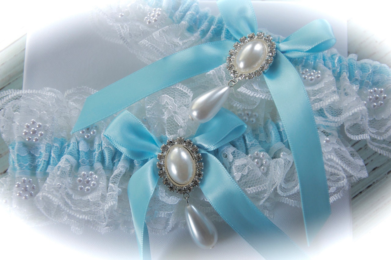 Bride Garter Set with Tropical Blue Shadow Ribbon Beaded Chantilly Lace  and Sapphire Rhinestone Studded Horseshoe Charm of Good Fortune